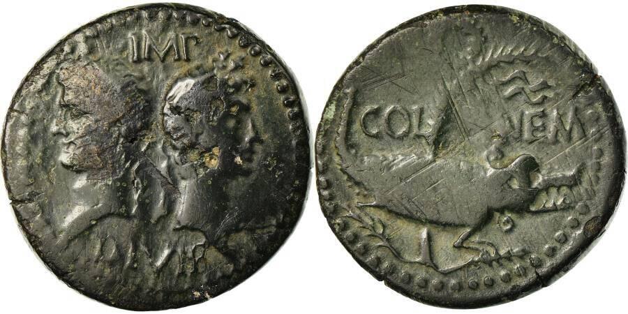 The coin with Agrippa (l), Octavius (r), and the palm tree with crocodile