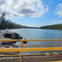Ferry crossing into Cape Tribulation over the Daintree river (view from our car)
