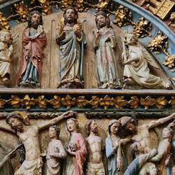See the man with the spear? Legend tells that he got a drop of blood in his eye, and it blinded him.