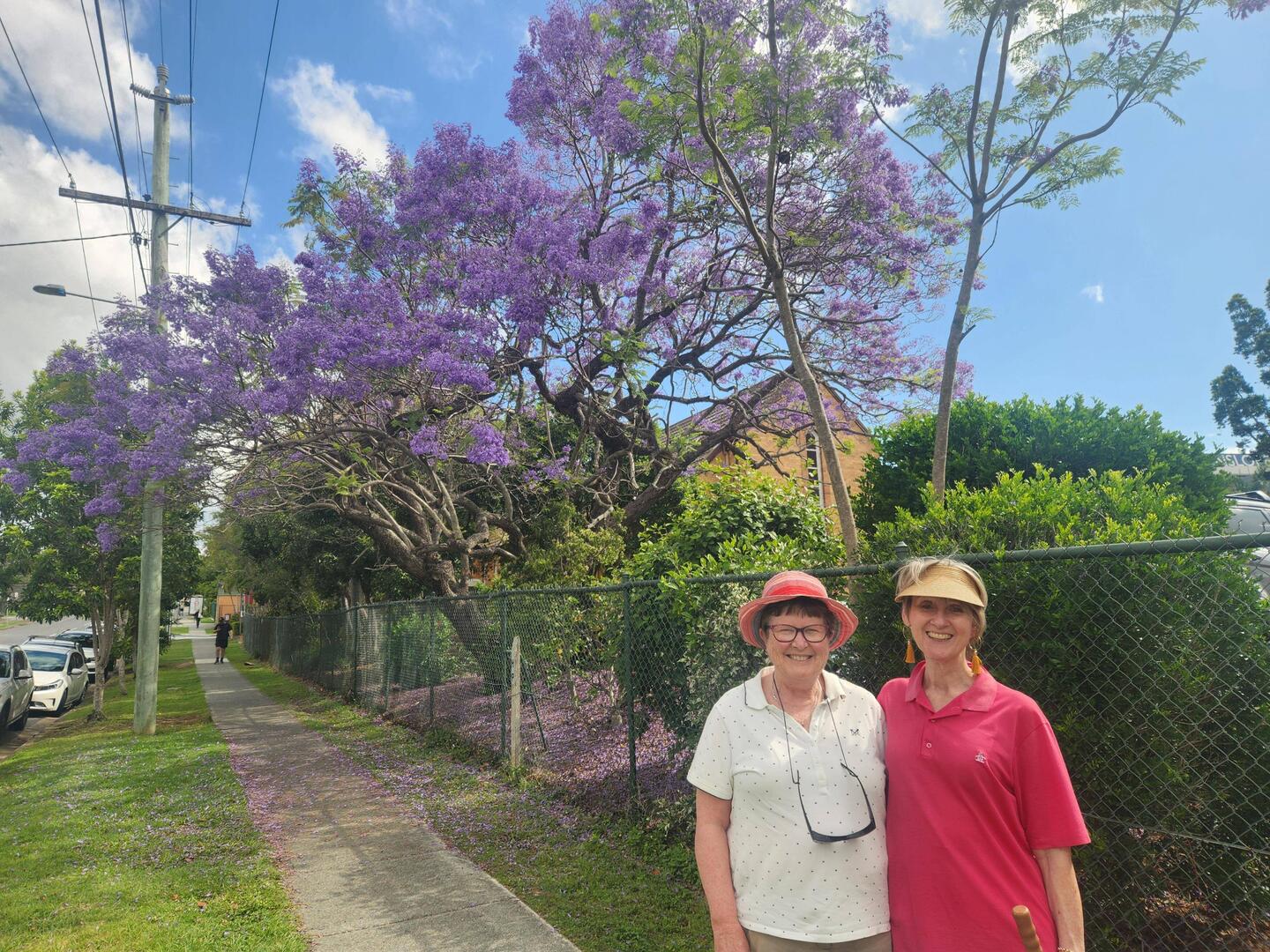 Julie and Sonia with the jacaranda's in the background, Greenslopes