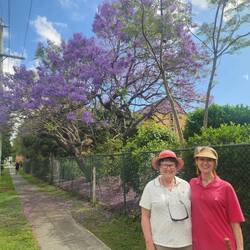 Julie and Sonia with the jacaranda's in the background, Greenslopes