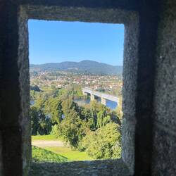 Looking across the Minho River to the cathedral in Tui, Spain.