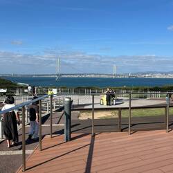 Looking across the Osaka Bay to the world's longest span bridge Akashi-Kaikyo