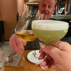 Cheers - off to a good start a Sherry and a Matcha Pisco Sour