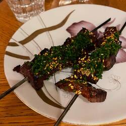 Wagyu skewers with chives and satsuma