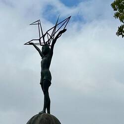 Close up of the crane held overhead.