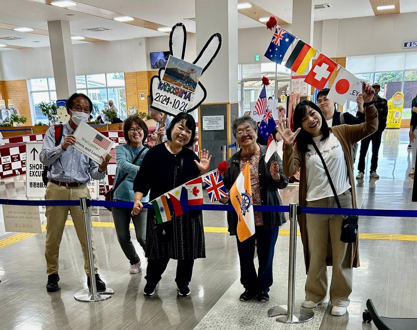 Warm welcome at the terminal building at the port in Kagoshima.