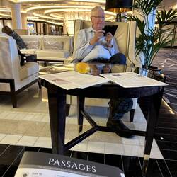 Reading in the Atrium while Gretha cleaned our room.