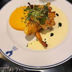 Ian had red perch with roasted parsnips, carrot purée and a cream sauce