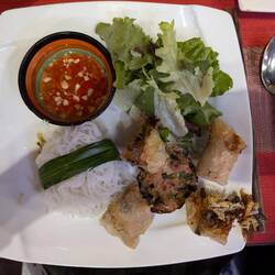 Pork pattie, spring rolls, noodles, herb salad and sweet pickled garlic and chilli drssing
