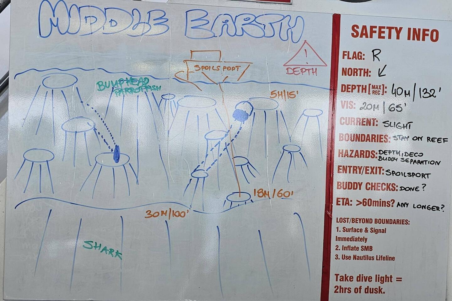 This is how the dive sites were presented to us each day: a manual diagram and a (verbal) dive plan.