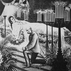 Lithograph of Sisi lying in state at Hofburg with her husband Franz Joseph at her side.