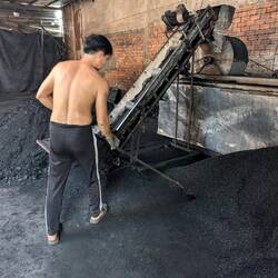 Shovelling coconut charcoal chips into bagging conveyor