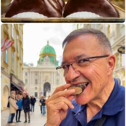Mui enjoying a chocolate covered chestnut ... Demel — Vienna, Austria.