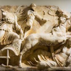 Parthian Monument: Apollo and Artemis riding their chariots... Ephesos Museum — Vienna, Austria.