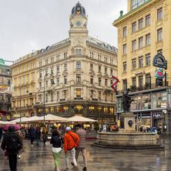 The rain is coming down as we make our way to St Stephen's Cathedral — Vienna, Austria.