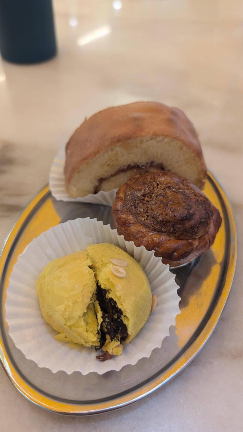 Coconut cake, egg yolk and lotus tart and red bean pastry