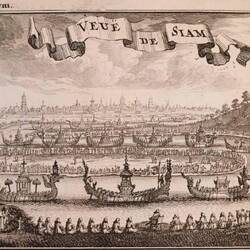 Ansicht von Ayutthaya (VEUË DE SIAM) und Kgl. Barkenprozession von Henri Abraham Châtelain 1686