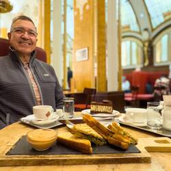 Our meal order complete, a photo op before we dig in ... Sluka — Vienna, Austria.