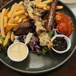 Crocodile skewer, Kangaroo steak (both awesome!), Emu sausage (meh) & Boar meatballs (skippable)