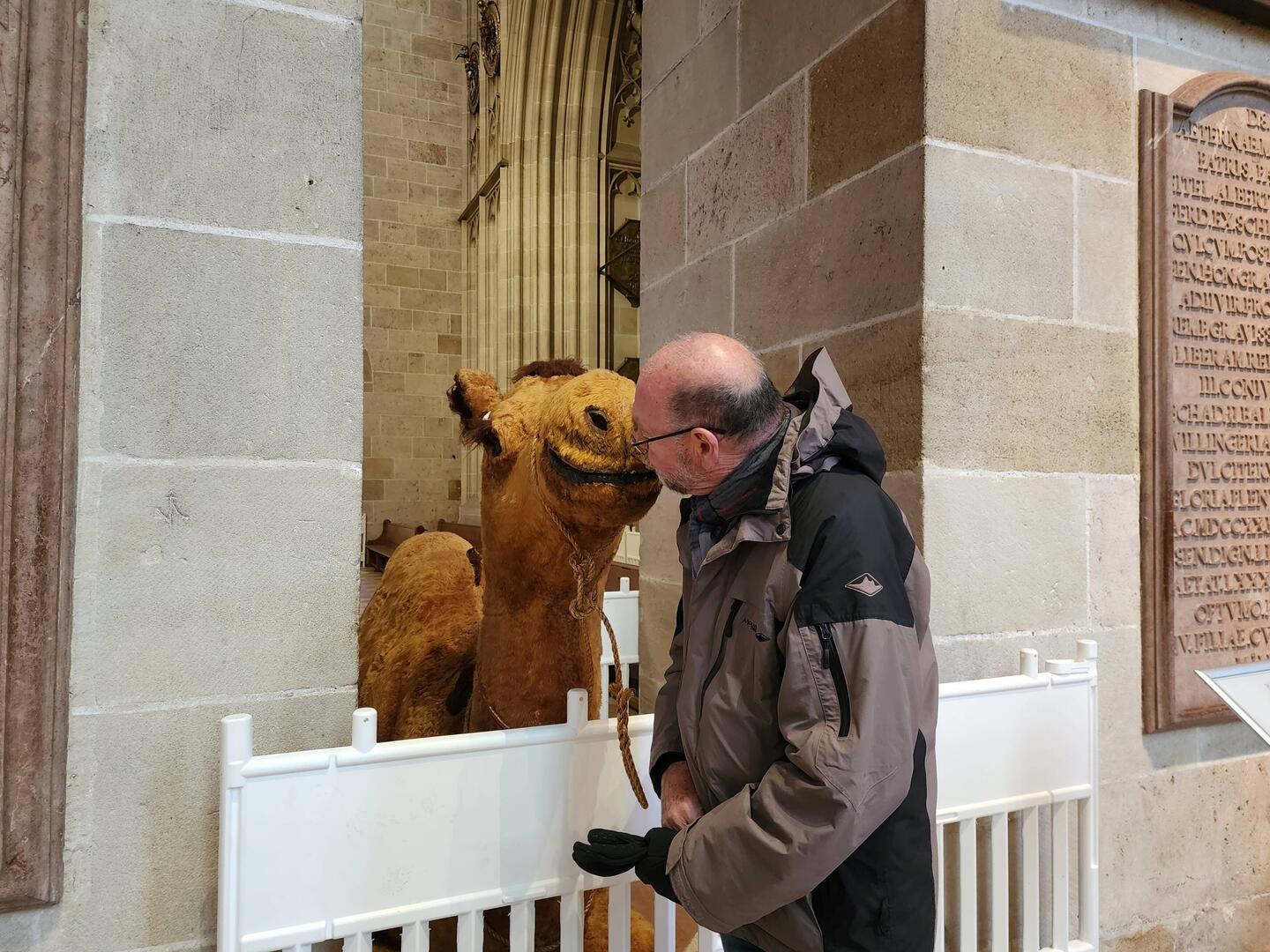 Wal kissing the Christmas Camel in the Ulm Minster