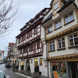 Half-timbered houses on old street of Ulm in historical Fisherman`s Quarter