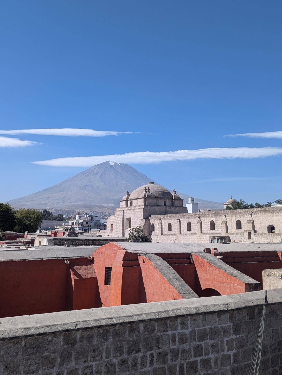 A view of the Monastery and volcano from my bedroom.