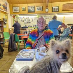A soggy Leo looking for more treats in the visitor centre