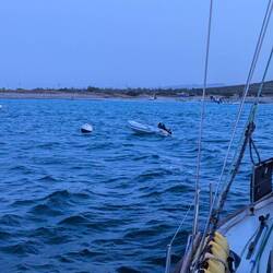 Tied to a random mooring buoy near the sleeping sailboats