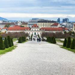 Panorama of the upper parterres of the Baroque gardens from Upper Belvedere toward Lower Belvedere.
