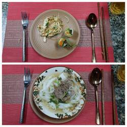Banana blossom salad with chicken, duck spring rolls / Pho Bo with beef, and noodles