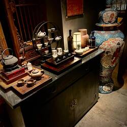 Exiting the restaurant.