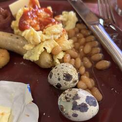 Don's breakfast of sausage, scrambled eggs, pork and beans and quail eggs.