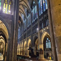 Cathedral from behind and to side of alter looking down the aisle