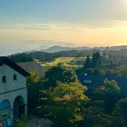 Lee walked over at the top and went up a stone tower.