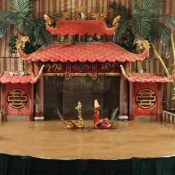 Hanoi; A miniature stage of water puppet theatre performed by Phanh Thanh Liem at his house
