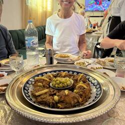 Sandra and a delicious chicken Tagine. Olives were frequently served with our meals.