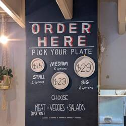 When you order small, medium or large you got one serving of protein and three four five sides