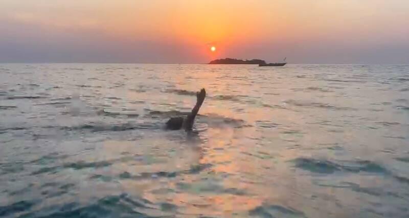 Schwimmen im Meer in den Sonnenuntergang