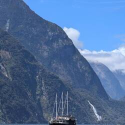 Sailing boat for overnight trips, waterfall in the background