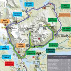 In grün der W Trek und in violett der O Circuito. Gestartet sind wir in Paine Grande.