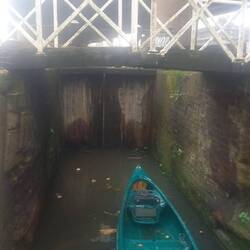 The canoe got wedged under this bridge when on Rainboat's roof