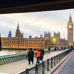 Parliament and Big Ben through the windshield of the bus — London, England.