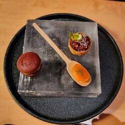 Stilgerecht Vorspeise auf Eisblock im Gourmet-Restaurant des einmaligen "Eishotel Yukkasjärvi"