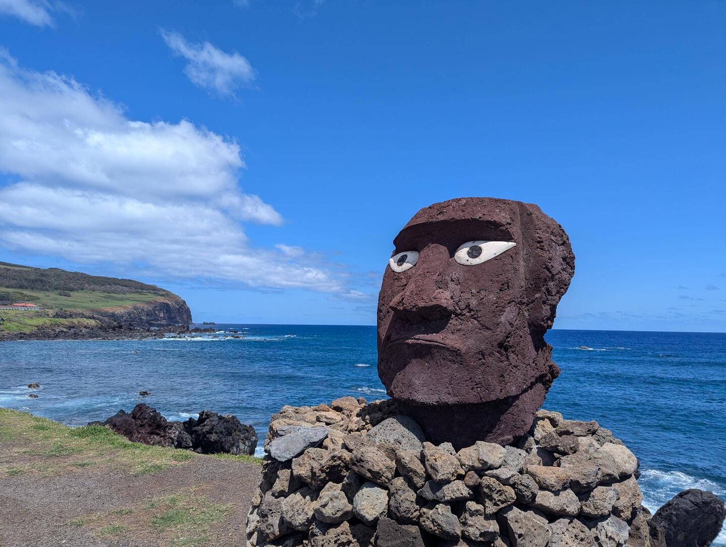 Moai head outside by hostel
