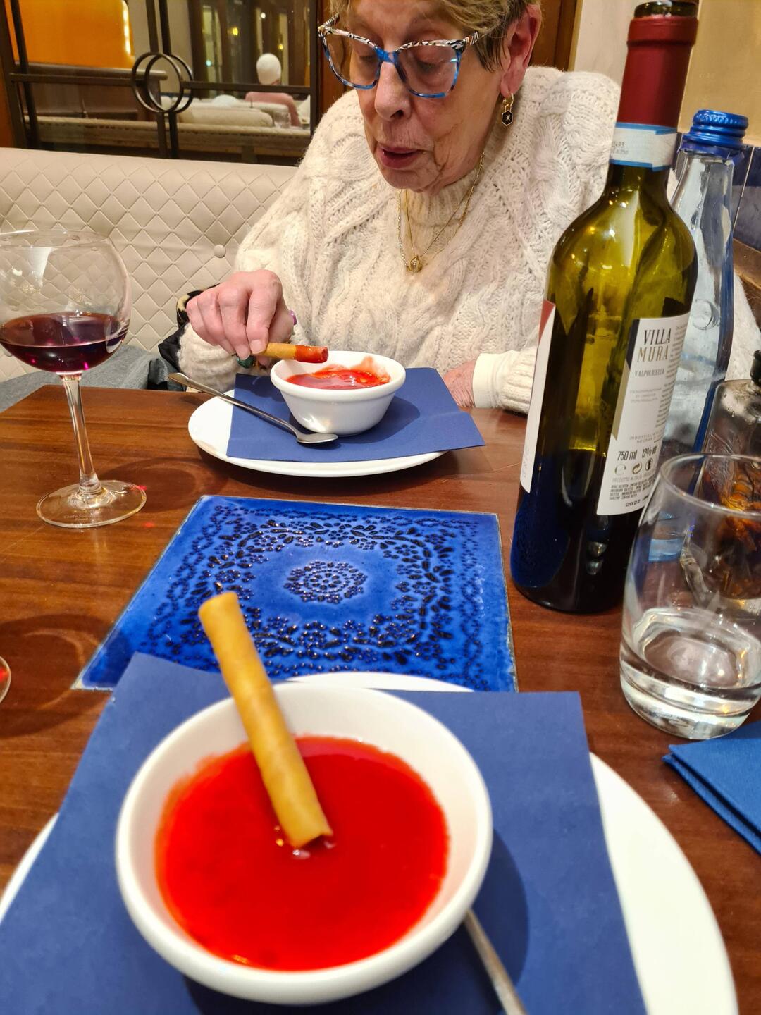 Valerie wading her way through the pannecotta