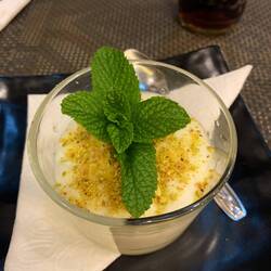 Mhalabia. Marokkanische Orangencreme mit Pistazien