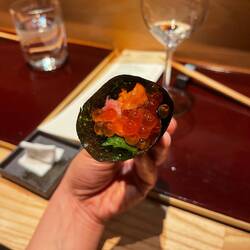 Hand roll with tuna, shiso, Hokkaido uni, roe
