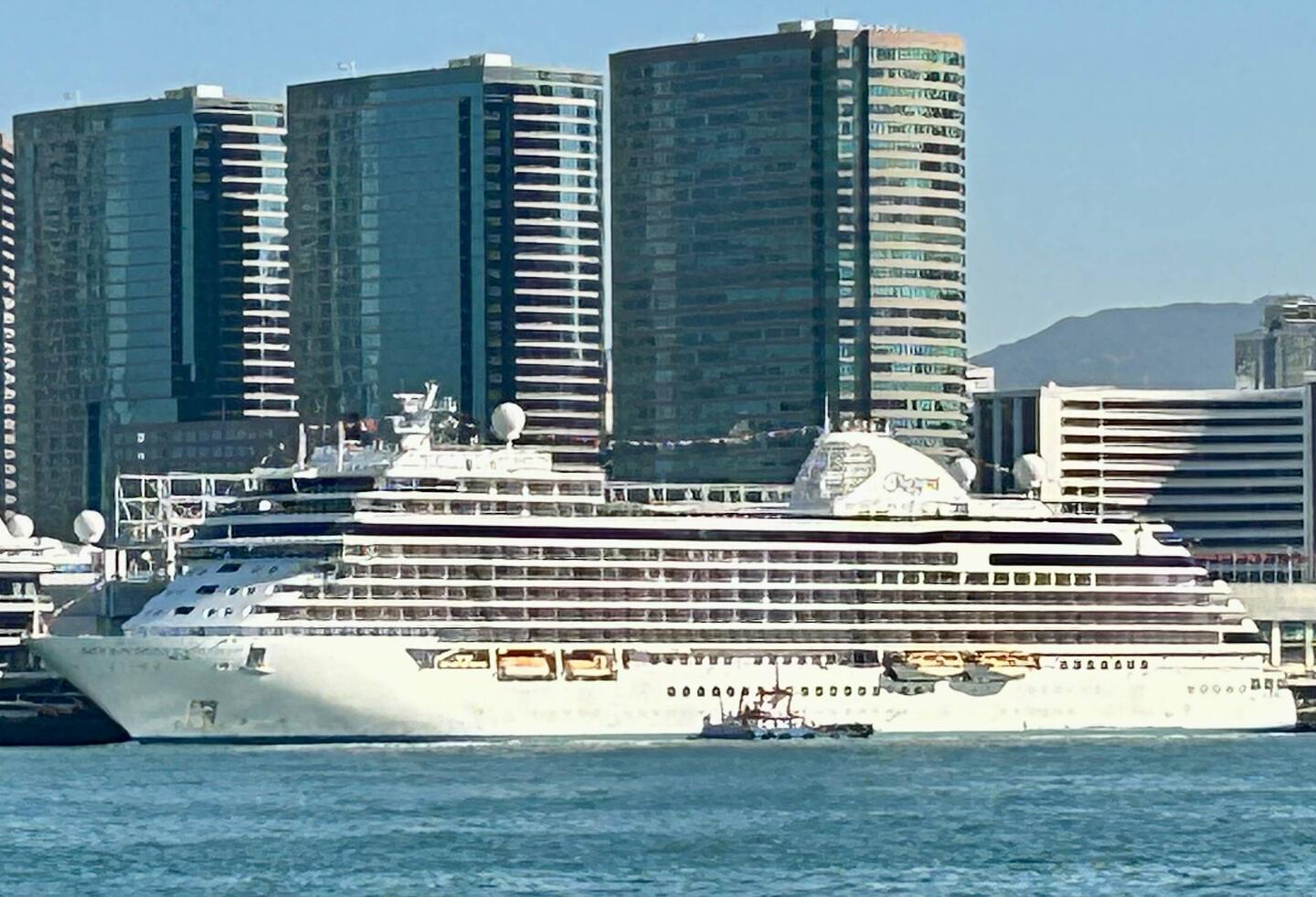 Seven Seas Explorer from bow on port side.