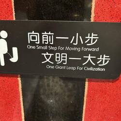 Sign above one of the men's urinals.